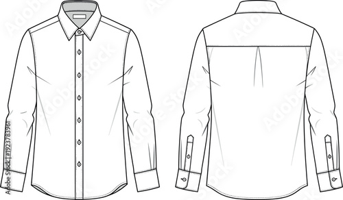 Blank men long sleeve dress shirt vector flat sketch template front and back view fashion technical drawing cad illustration design