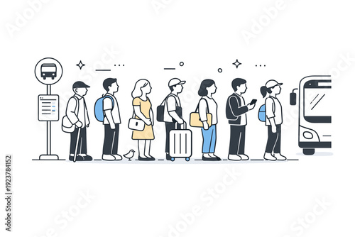 People waiting in lines. Passengers lined up at a bus stop, facing the same direction. Quiet routine moment, collective pause before movement. Minimalist flat