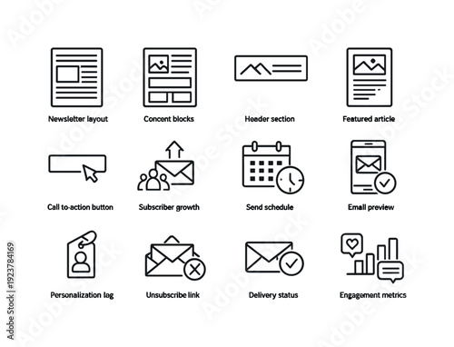 Newsletter Marketing. Line outline icon set of Newsletter Marketing: newsletter layout,
