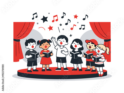 Kids choir practice. Children singing in harmony, simple stage shapes and curtains, stars