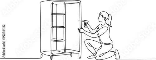 Single one line drawing repair, maker or constructions of wood home furniture. Woman carpenter is assembling of wardrobe or cabinet with shelves. one line Icon drawing