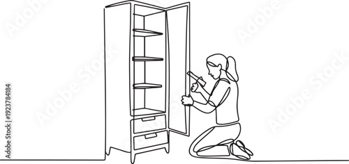 Single one line drawing repair, maker or constructions of wood home furniture. Woman carpenter is assembling of wardrobe or cabinet with shelves. one line Icon drawing