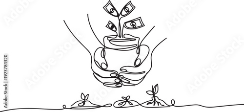Single continuous line drawing two hands carrying bag of potting money seedlings to be planted into soil. Money, saving and investment or family planning concept. one line Icon drawing