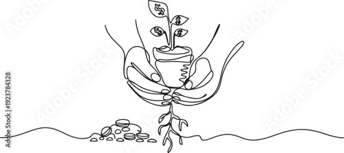 Single continuous line drawing two hands carrying bag of potting money seedlings to be planted into soil. Money, saving and investment or family planning concept. one line Icon drawing