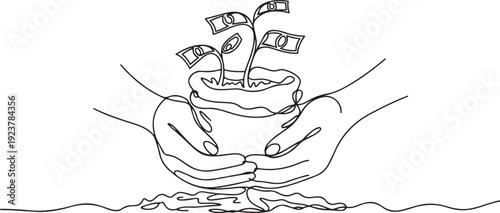 Single continuous line drawing two hands carrying bag of potting money seedlings to be planted into soil. Money, saving and investment or family planning concept. one line Icon drawing