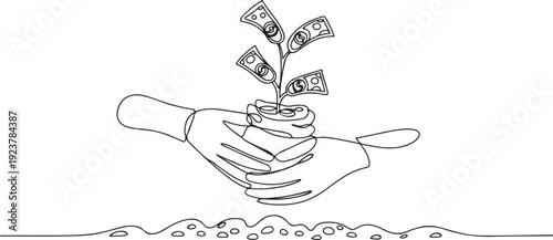 Single continuous line drawing two hands carrying bag of potting money seedlings to be planted into soil. Money, saving and investment or family planning concept. one line Icon drawing