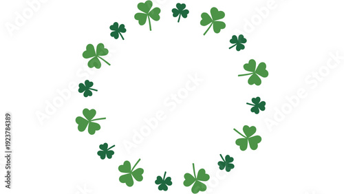 A circular arrangement of shamrocks in varying shades of green on a white background, symbolizing luck and heritage.