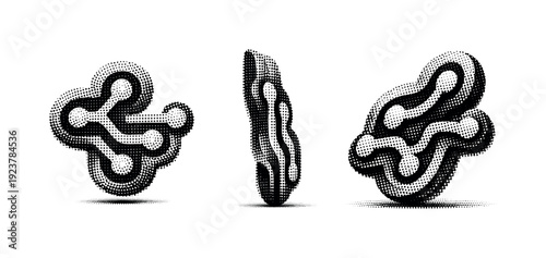 Abstract halftone circuit-inspired vector shape. A single circuit-inspired abstract vector shape shown in three views: front view, side view,