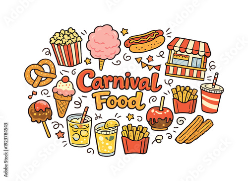 Carnival Food. Hand-drawn doodle illustration of Carnival Food. popcorn, cotton candy, hot