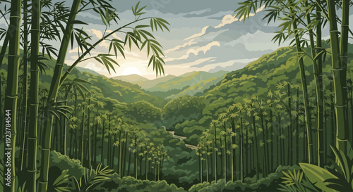 Tranquil bamboo forest at dawn with soft sunlight filtering through dense green stalks overlooking a misty tropical valley in a sophisticated graphic illustration
