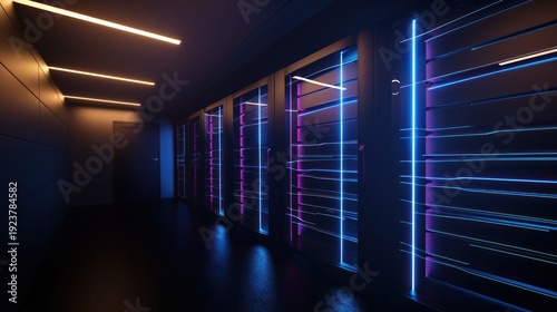 Futuristic Data Center with Neon Blue and Purple Server Racks in Dark Environment