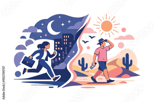 Scene transition. One environment smoothly transforming into another, city turning into