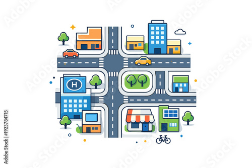 Aerial drone view urban layout seen from above with streets and blocks arranged rhythmically, conveying structure, connectivity, and contemporary city life.