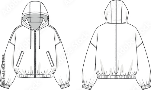 Blank oversized zip up hooded jacket technical flat sketch vector illustration showing front and back views for fashion tech pack