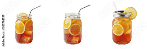 Set of Refreshing Iced Lemon Tea in Mason Jars - Classic Summer Cold Brew Drinks