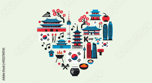 Vibrant heart-shaped illustration embodying South Korea's rich cultural heritage, showcasing iconic landmarks, traditional symbols, and modern spirit