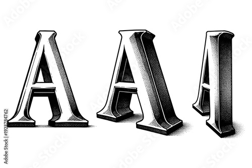 Letter typography object shown as a three-dimensional uppercase letter form with serif details displayed in front view, angled perspective