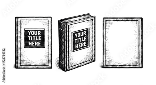 Book cover template with centered title block and margin layout shown as a single object in front view, angled three-quarter view, and flat