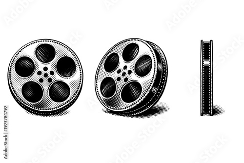 Film reel shown as a classic circular metal reel with perforated edges displayed in front view, angled three-quarter view, and side profile