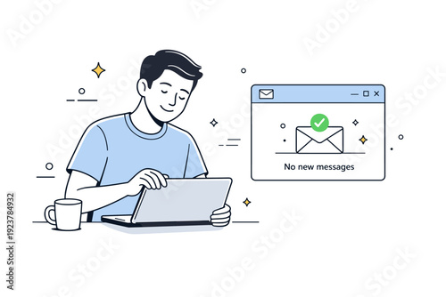 Empty inbox visuals. Person closing laptop with a small smile, inbox window floating beside with no new messages icon. Light satisfaction and closure in a