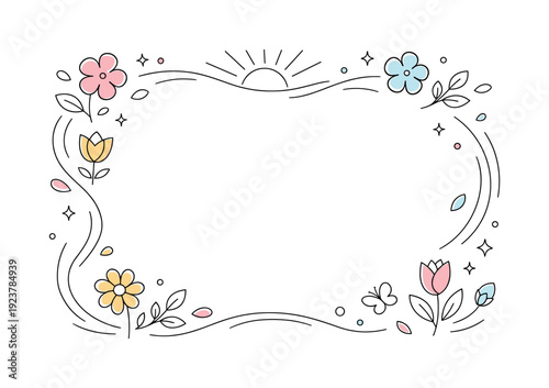 Spring refresh banner. Abstract floral shapes, light curves, and sunrays forming a soft and balanced visual frame, ready for text overlay.