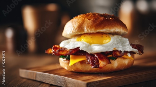 Delicious breakfast sandwich with bacon, fried egg, cheese, and fresh ingredients on a wooden board, perfect for morning cravings and food photography