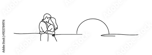 "Sunset love story". Minimalistic one-line drawing couple embracing beneath a large sun on