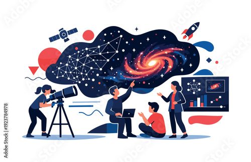 Astronomy discoveries. Telescope data enhanced by AI, galaxies forming from dots and lines,