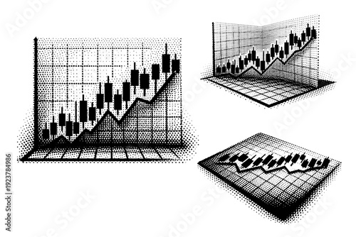 Dot Style Finance Chart. Financial chart analytical grid frame. Black and white dot style with halftone texture and high contrast. Halftone texture with