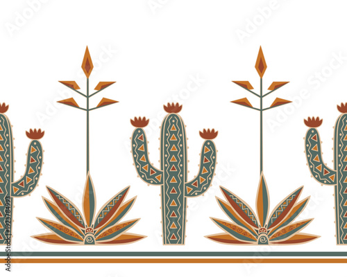 Blue tequila agave in blossom and Saguaro cactus stylized seamless pattern. Border drawing in tribal etno style. Vector isolated illustration.