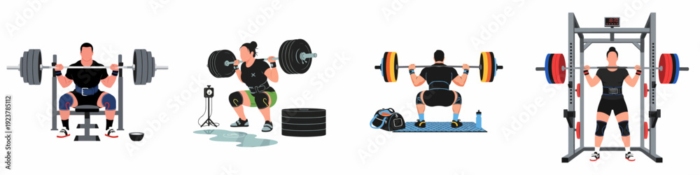 Fototapeta premium Collection of powerlifting and weight training illustrations featuring men and women performing squats and bench presses with barbells and gym equipment.