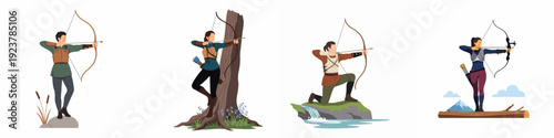 Diverse Archers in Nature: Men and Women Practicing Archery Skills Outdoors in Various Scenic Environments