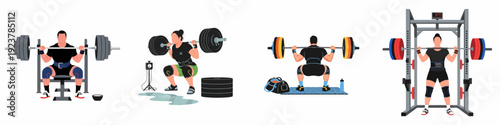 Collection of powerlifting and weight training illustrations featuring men and women performing squats and bench presses with barbells and gym equipment.