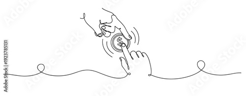 Minimalist continuous line drawing of hands exchanging a dollar coin. No editable stroke