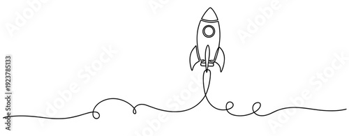 Continuous line drawing of rocket launch with curved trail on white background. No editable stroke