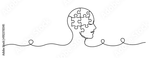 Continuous line drawing of human head with puzzle pieces symbolizing brain function. No editable stroke
