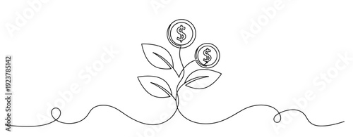 Minimalist line art of plant with money flowers. No editable stroke