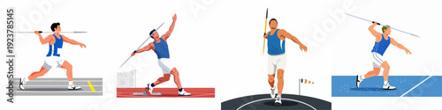 Javelin throwers in action, showcasing athletic strength and competition across various track and field settings with dynamic poses.