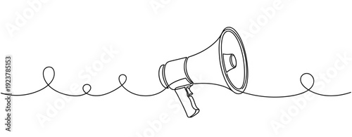Continuous line drawing of a megaphone for announcements and communication art. No editable stroke