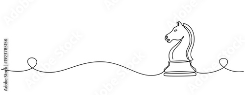 Minimalist line drawing of a chess knight on white background. No editable stroke