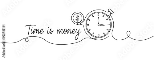Time is money concept with clock and dollar symbol in continuous line art. No editable stroke