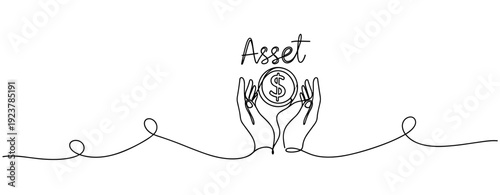 Continuous line drawing of hands holding a dollar coin with "asset" text. No editable stroke
