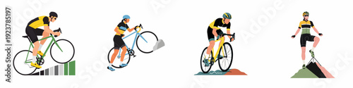 Diverse cyclists conquer challenges: a flat design illustration series depicting male and female athletes riding and pushing bikes uphill, and celebrating achievement on a mountain peak.
