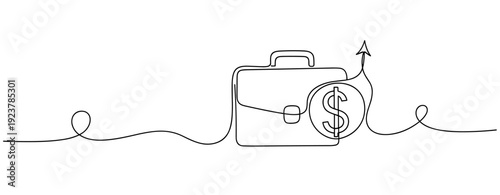 Continuous line drawing of briefcase with dollar sign and arrow indicating financial growth. No editable stroke