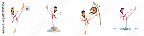 Dynamic Taekwondo Kicks: Focus, Balance, and Strength in Martial Arts Training Illustrations