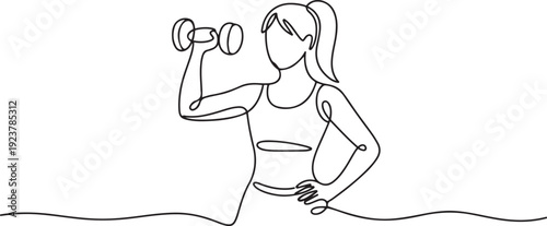 Single continuous line drawing a young woman poses while lifting dumbbell. As if there were muscles. Encouraging to be more active in sports. one line Icon drawing