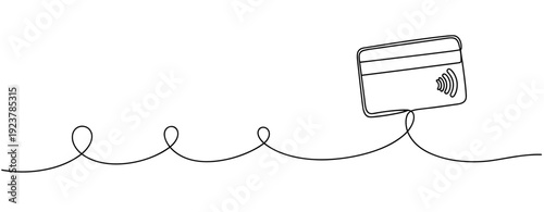 Simple continuous line drawing of a credit card with contactless payment symbol. No editable stroke