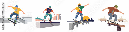 Dynamic Illustrations of Youth Skateboarders Performing Tricks in Urban Environments