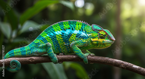 Vibrant Panther Chameleon Perched on Branch in Tropical Rainforest Jungle