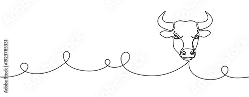 Continuous one-line drawing of a bull head with elegant swirls. No editable stroke